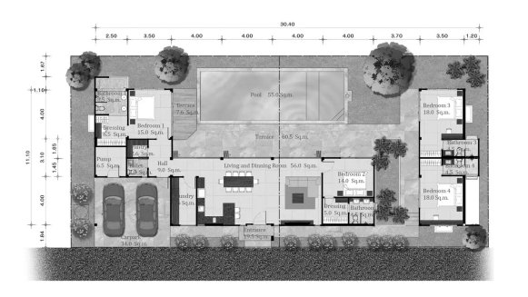 Villa floor plan, 4 bedrooms in Krabi Cliff Villas No. 11007 (2D)